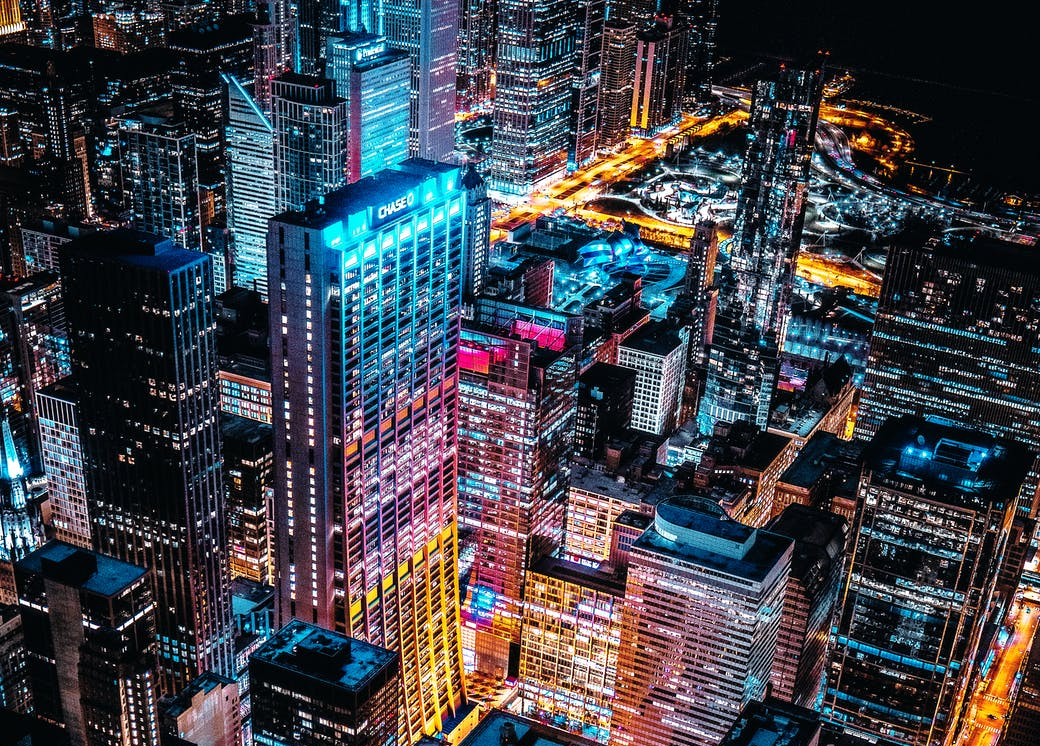 aerial photo of cityscape at night