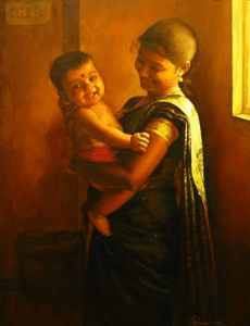 A painting of a women holding her child
