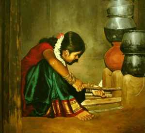 A painting of young indian girl cooking 